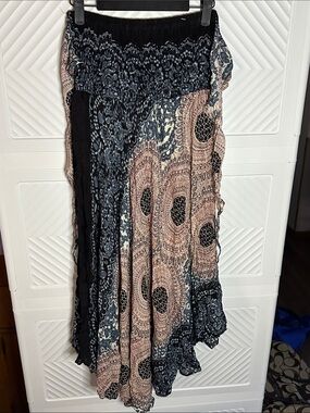Boho Printed Maxi Skirt in Black and Blush S/M
